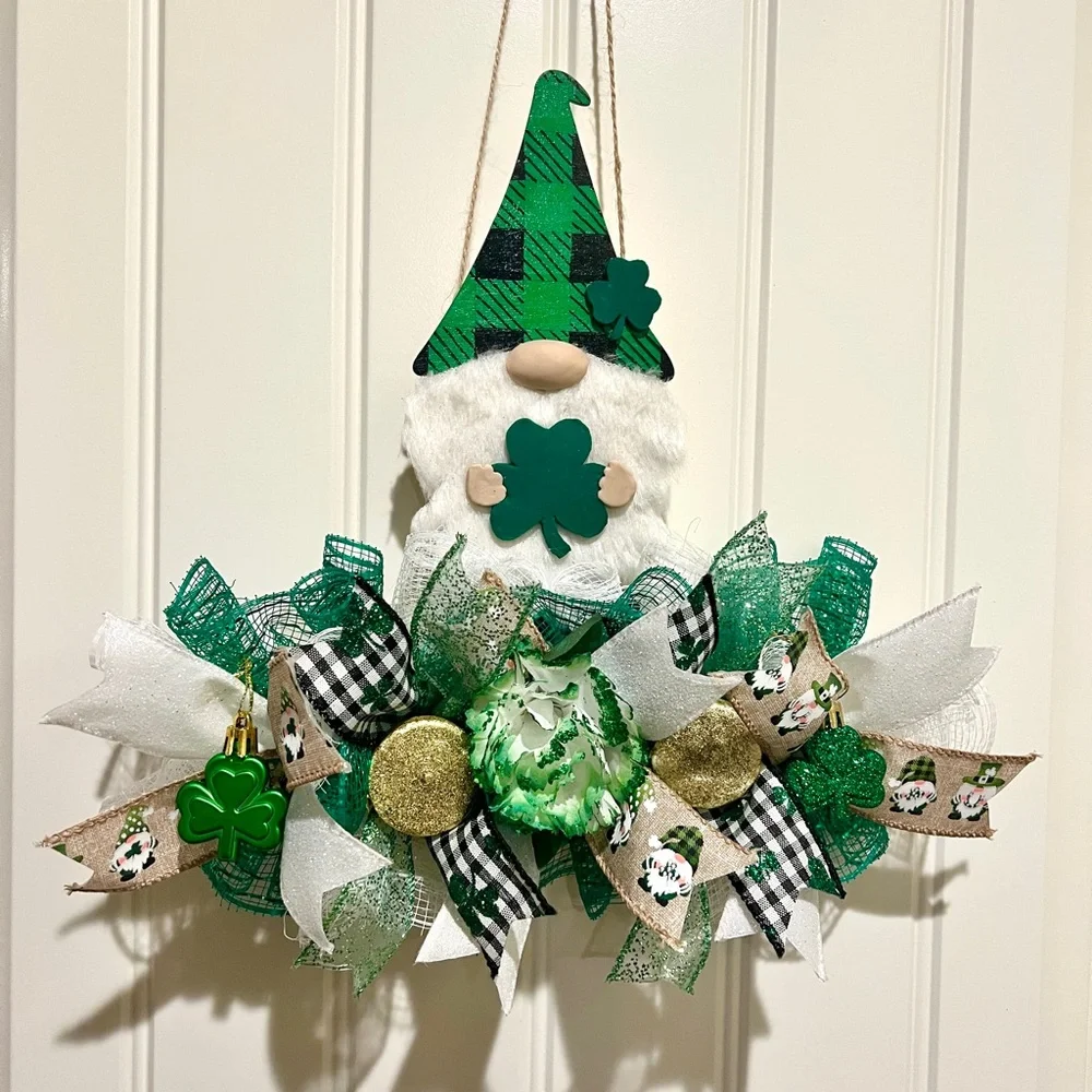 12 inch St. Pats Shamrock Gnome Ribbon, Clay Wreath Rail Handmade/ Painted SPGR1